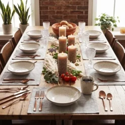 Serwis obiadowy porcelana 18 elementów Atom Hello Sand beżowe talerze dla 6 osób nakrapiane