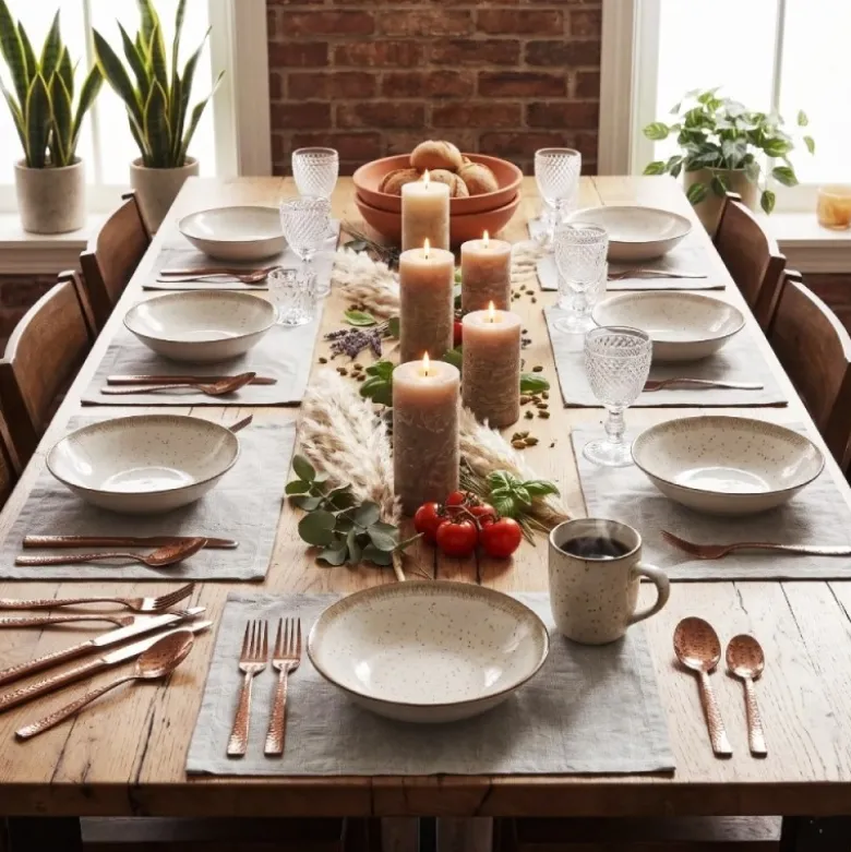 Serwis obiadowy porcelana 18 elementów Atom Hello Sand beżowe talerze dla 6 osób nakrapiane