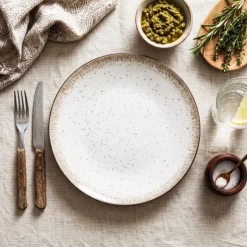 Serwis obiadowy porcelana 18 elementów Atom Hello Sand beżowe talerze dla 6 osób nakrapiane