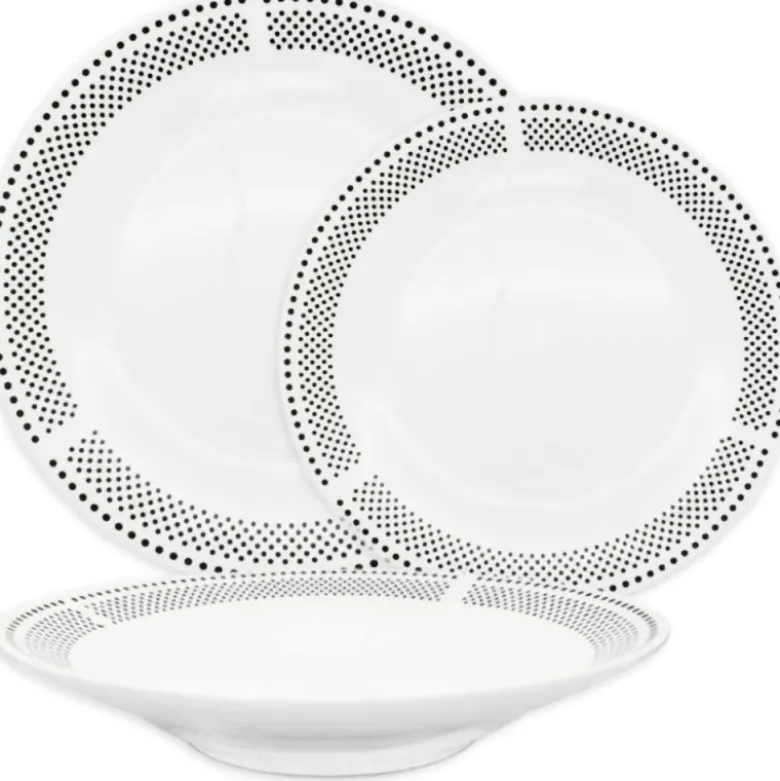 Serwis obiadowy porcelana 19 elementów Bella Fiore białe talerze miska dla 6 osób wzór kropki