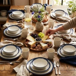 Serwis obiadowy porcelana 24 elementy Atom Hello Blue talerze kubki dla 6 osób granatowe nakrapiane