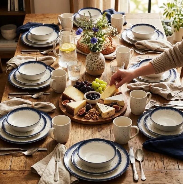Serwis obiadowy porcelana 24 elementy Atom Hello Blue talerze kubki dla 6 osób granatowe nakrapiane