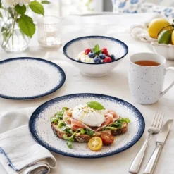 Serwis obiadowy porcelana 24 elementy Atom Hello Blue talerze kubki dla 6 osób granatowe nakrapiane