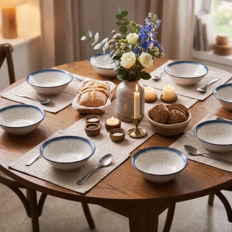 Serwis obiadowy porcelana 24 elementy Atom Hello Blue talerze kubki dla 6 osób granatowe nakrapiane