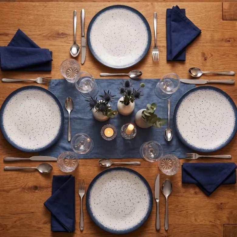 Serwis obiadowy porcelana 24 elementy Atom Hello Blue talerze kubki dla 6 osób granatowe nakrapiane