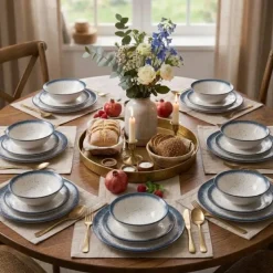 Serwis obiadowy porcelana 24 elementy Atom Hello Blue talerze kubki dla 6 osób granatowe nakrapiane