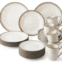 Serwis obiadowy porcelana 24 elementy Atom Hello Sand beżowe talerze kubki dla 6 osób nakrapiane