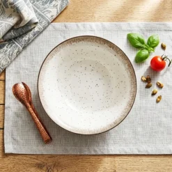 Serwis obiadowy porcelana 24 elementy Atom Hello Sand beżowe talerze kubki dla 6 osób nakrapiane