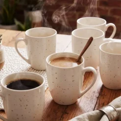 Serwis obiadowy porcelana 24 elementy Atom Hello Sand beżowe talerze kubki dla 6 osób nakrapiane
