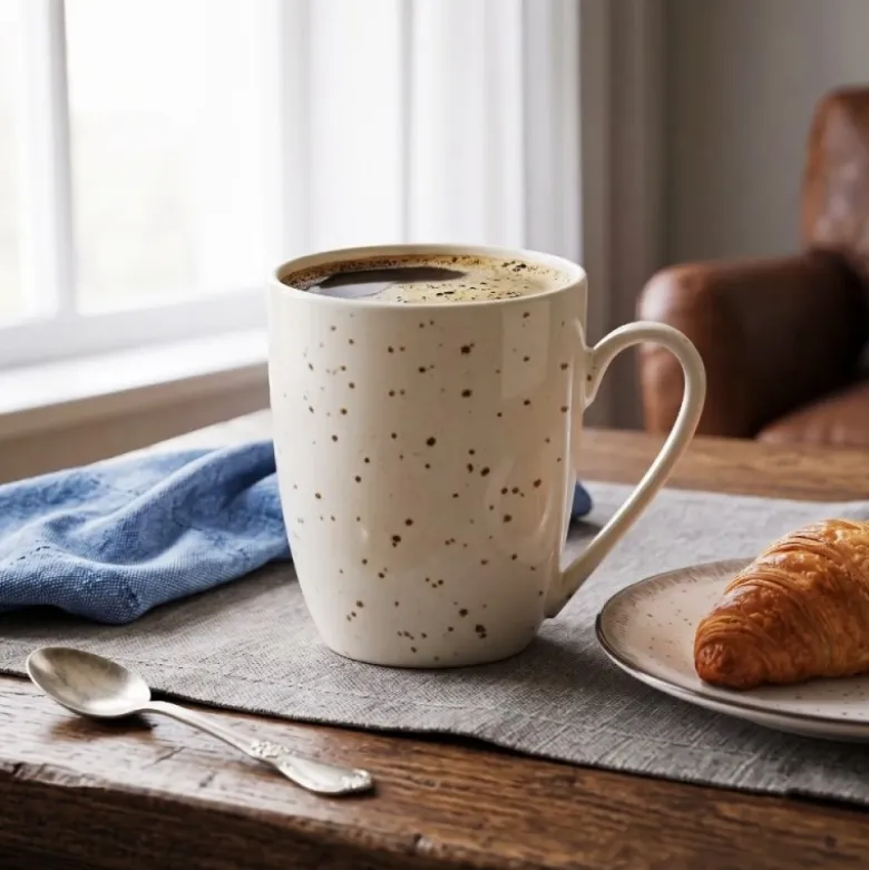 Serwis obiadowy porcelana 24 elementy Atom Hello Sand beżowe talerze kubki dla 6 osób nakrapiane
