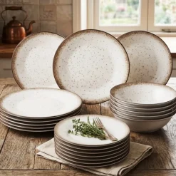 Serwis obiadowy porcelana 24 elementy Atom Hello Sand beżowe talerze kubki dla 6 osób nakrapiane