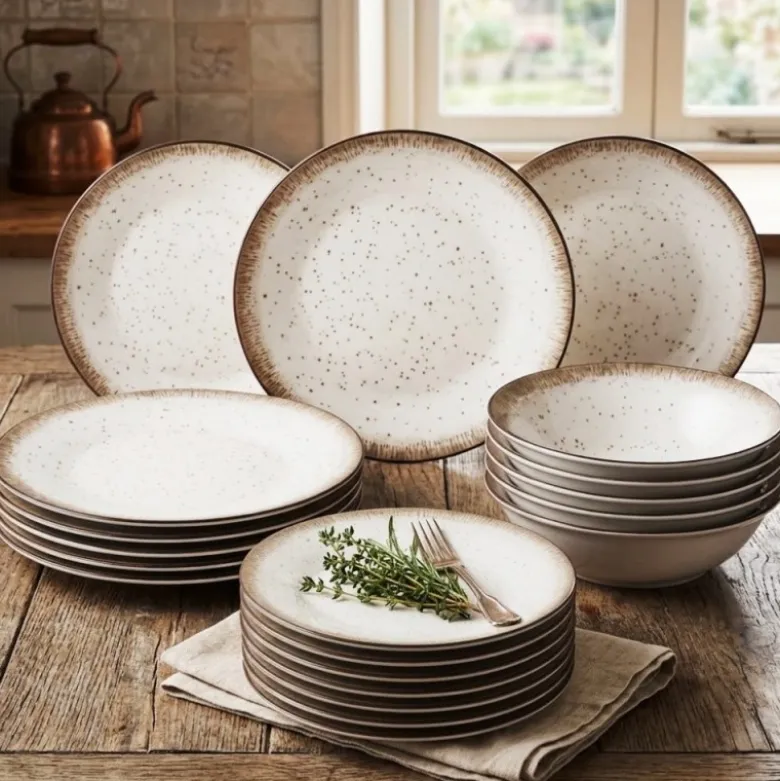Serwis obiadowy porcelana 24 elementy Atom Hello Sand beżowe talerze kubki dla 6 osób nakrapiane