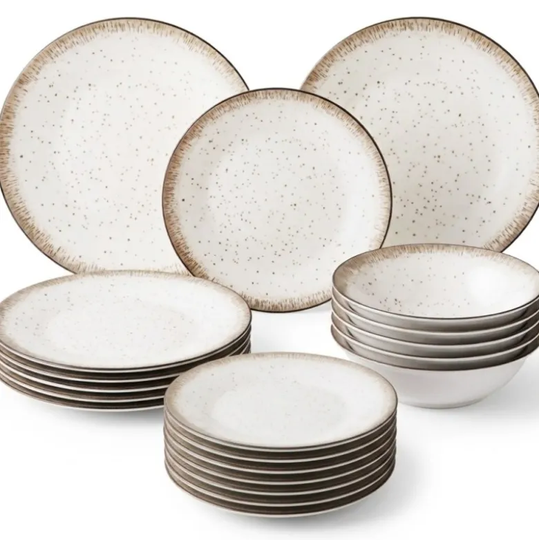 Serwis obiadowy porcelana 24 elementy Atom Hello Sand beżowe talerze kubki dla 6 osób nakrapiane