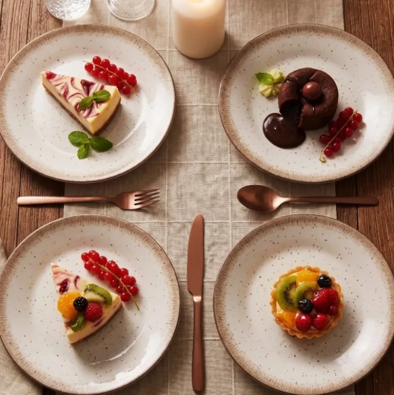 Serwis obiadowy porcelana 24 elementy Atom Hello Sand beżowe talerze kubki dla 6 osób nakrapiane