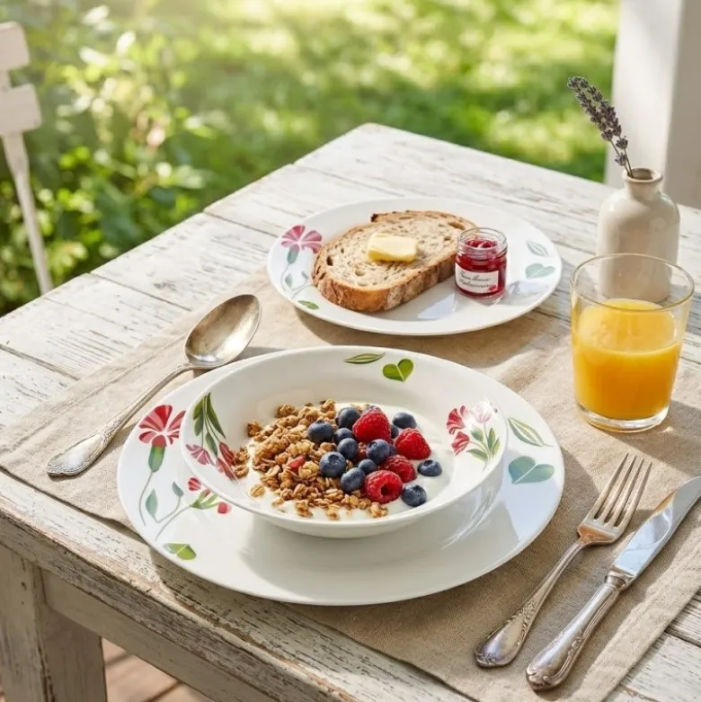Serwis obiadowy porcelana 18 elementów Bella Fiore zestaw talerzy dla 6 osób talerze w kompozycji kwiatowej