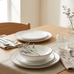 Serwis obiadowy porcelanowy GierekHoff Gemmo 18 elementów zestaw talerzy dla 6 osób biały nakrapiany