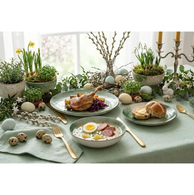 Serwis obiadowy porcelanowy GierekHoff Giada 18 elementów zestaw talerzy dla 6 osób zielony nakrapiany 1220
