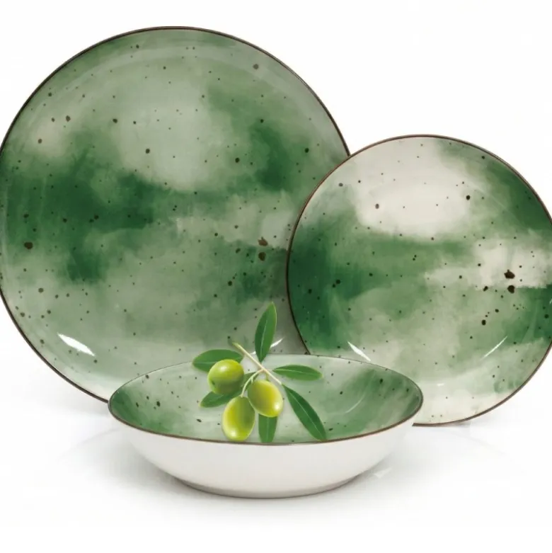 Serwis obiadowy porcelanowy GierekHoff Giada 18 elementów zestaw talerzy dla 6 osób zielony nakrapiany 1220