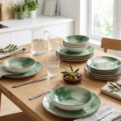 Serwis obiadowy porcelanowy GierekHoff Giada 18 elementów zestaw talerzy dla 6 osób zielony nakrapiany 1220