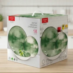 Serwis obiadowy porcelanowy GierekHoff Giada 18 elementów zestaw talerzy dla 6 osób zielony nakrapiany 1220