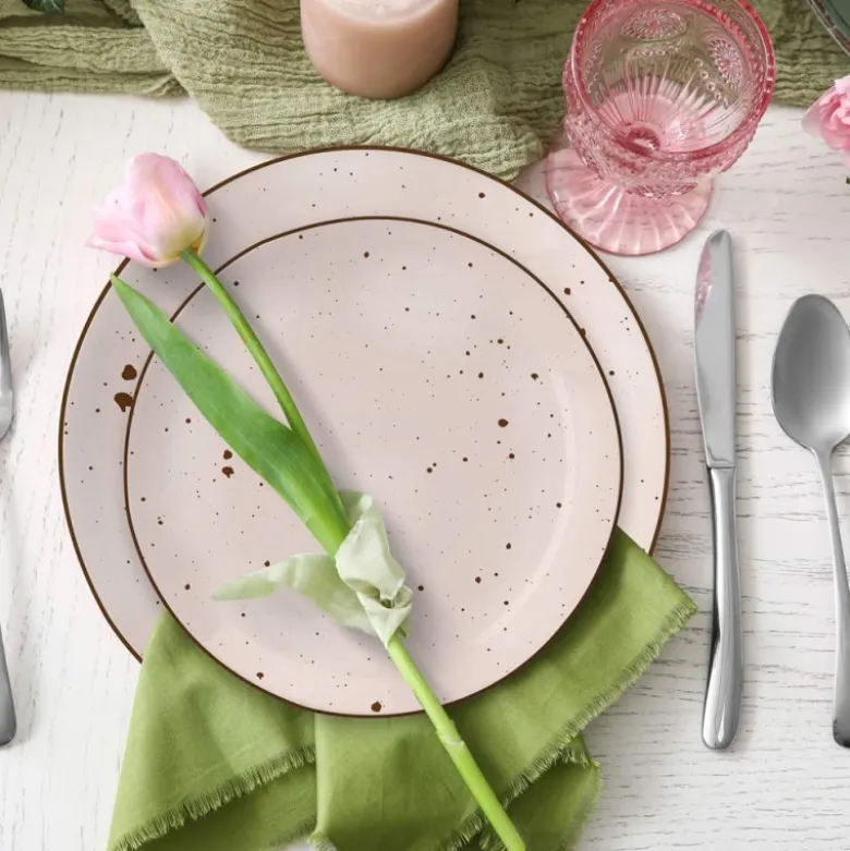 Serwis obiadowy porcelanowy MG Home Gemma Pink 18 elementów zestaw talerzy dla 6 osób różowych nakrapiane