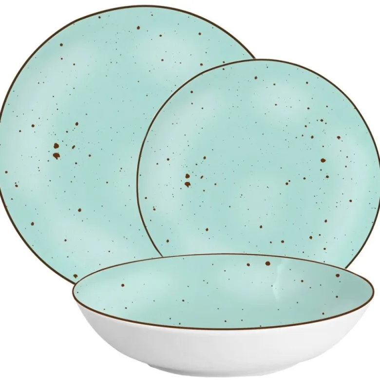 Serwis obiadowy porcelanowy MG Home Gemma Green 18 elementów zestaw talerzy dla 6 osób zielone nakrapiane