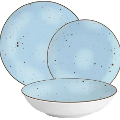Serwis obiadowy porcelanowy MG Home Gemma Blue 18 elementów zestaw talerzy dla 6 osób niebieskie nakrapiane