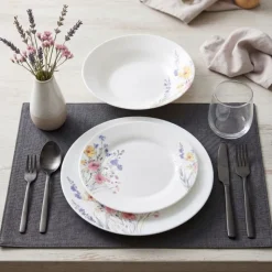 Serwis obiadowy porcelanowy 18 elementów Tulya białe talerze dla 6 osób wzór polne kwiaty