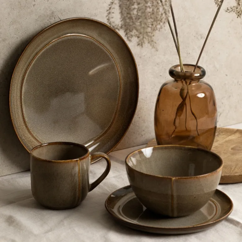 Serwis obiadowy porcelanowy Florina Bergen 18 elementów zestaw talerzy dla 6 osób retro brązowe