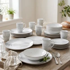 Serwis obiadowy porcelanowy Antic 24 elementy zestaw talerzy kubków dla 6 osób szary nakrapiany