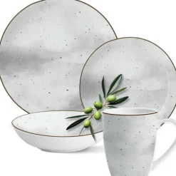 Serwis obiadowy porcelanowy Antic 24 elementy zestaw talerzy kubków dla 6 osób szary nakrapiany