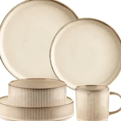 Serwis obiadowy porcelanowy GierekHoff Evie 30 elementów z salaterkami i kubkami zestaw talerzy dla 6 osób retro 1211