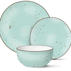 Serwis obiadowy porcelanowy MG Home Gemma Green 12 elementów zestaw talerzy dla 4 osób zielone nakrapiane