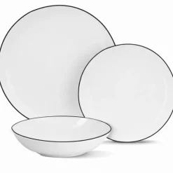 Serwis obiadowy porcelanowy GierekHoff Linea 18 elementów zestaw talerzy dla 6 osób białe z czarnym paskiem 1218