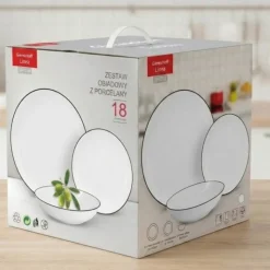 Serwis obiadowy porcelanowy GierekHoff Linea 18 elementów zestaw talerzy dla 6 osób białe z czarnym paskiem 1218