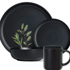 Serwis obiadowy porcelanowy MG Home Artena 24 elementy zestaw talerzy kubków dla 6 osób czarny