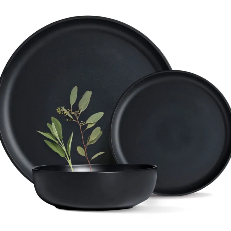 Serwis obiadowy porcelanowy MG Home Artena 28 elementy zestaw talerzy kubków misek dla 6 osób czarny