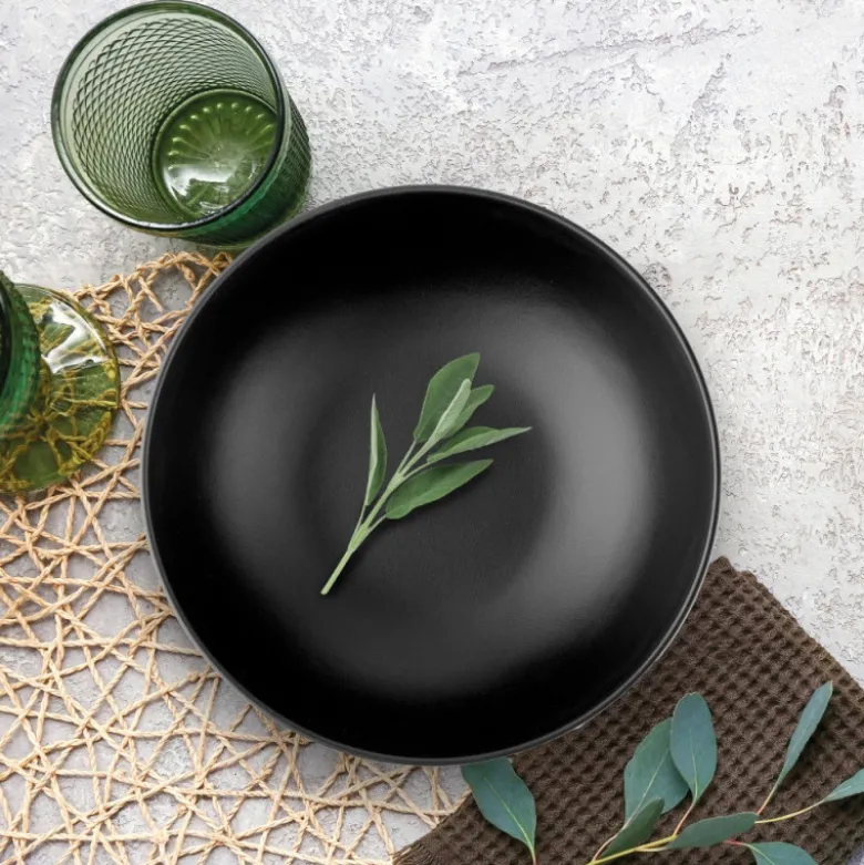 Serwis obiadowy porcelanowy MG Home Artena 28 elementy zestaw talerzy kubków misek dla 6 osób czarny