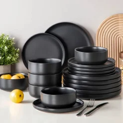 Serwis obiadowy porcelanowy MG Home Artena 32 elementy zestaw talerzy kubków misek dla 6 osób czarny