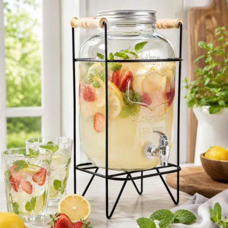 Słój szklany z kranikiem 3,3 L z czarnym stojakiem do lemoniady napojów wody Tragar