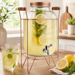 Słój szklany z kranikiem 5 L z złotym stojakiem do lemoniady napojów wody Tragar