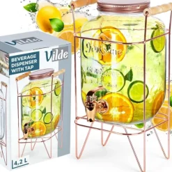 Słój szklany z kranikiem 4.2 L z złotym stojakiem do lemoniady napojów wody Vilde