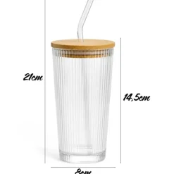 Szklanka do napojów z pokrywką i słomką 400 ml Tragar Kubek szklany podróżny ryflowany