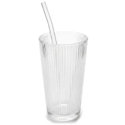 Szklanka do napojów z pokrywką i słomką 400 ml Tragar Kubek szklany podróżny ryflowany