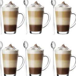 Szklanki do kawy herbaty z uchem 300 ml Glasmark Iwo komplet 6 sztuk z łyżeczkami latte