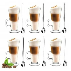 Szklanki do kawy latte Florina Boston 275 ml wysokie zestaw z długimi łyżeczkami 6 sztuk