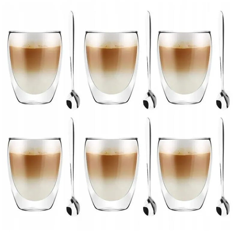 Szklanki termiczne do kawy 250 ml Malachit latte zestaw z łyżeczkami 6 sztuk