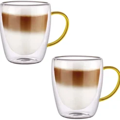 Szklanki termiczne ze złotym uchem Renza 300 ml do kawy latte komplet 2 szt MGHOME