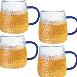 Szklanki z granatowym uchem do ciepłych napojów 350 ml MG Home Deco zestaw 4 szklanek