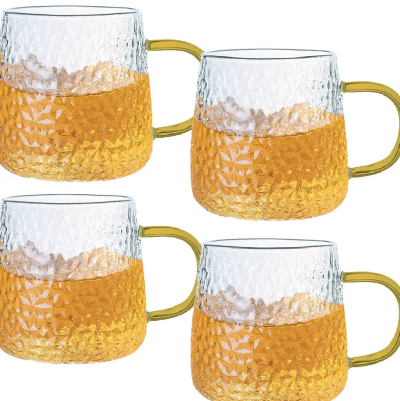 Szklanki z żółtym uchem do ciepłych napojów 350 ml MG Home Deco zestaw 4 szklanek